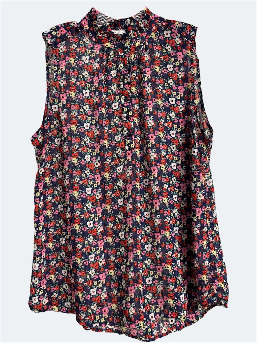 Maison d'Amelie sleeveless 3/4 button navy floral flocked crepe blouse Size Lg